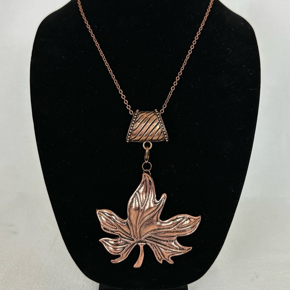 Copper Toned Artsy Boho Necklace Leaf Pendant Long Chain Adjustable Length